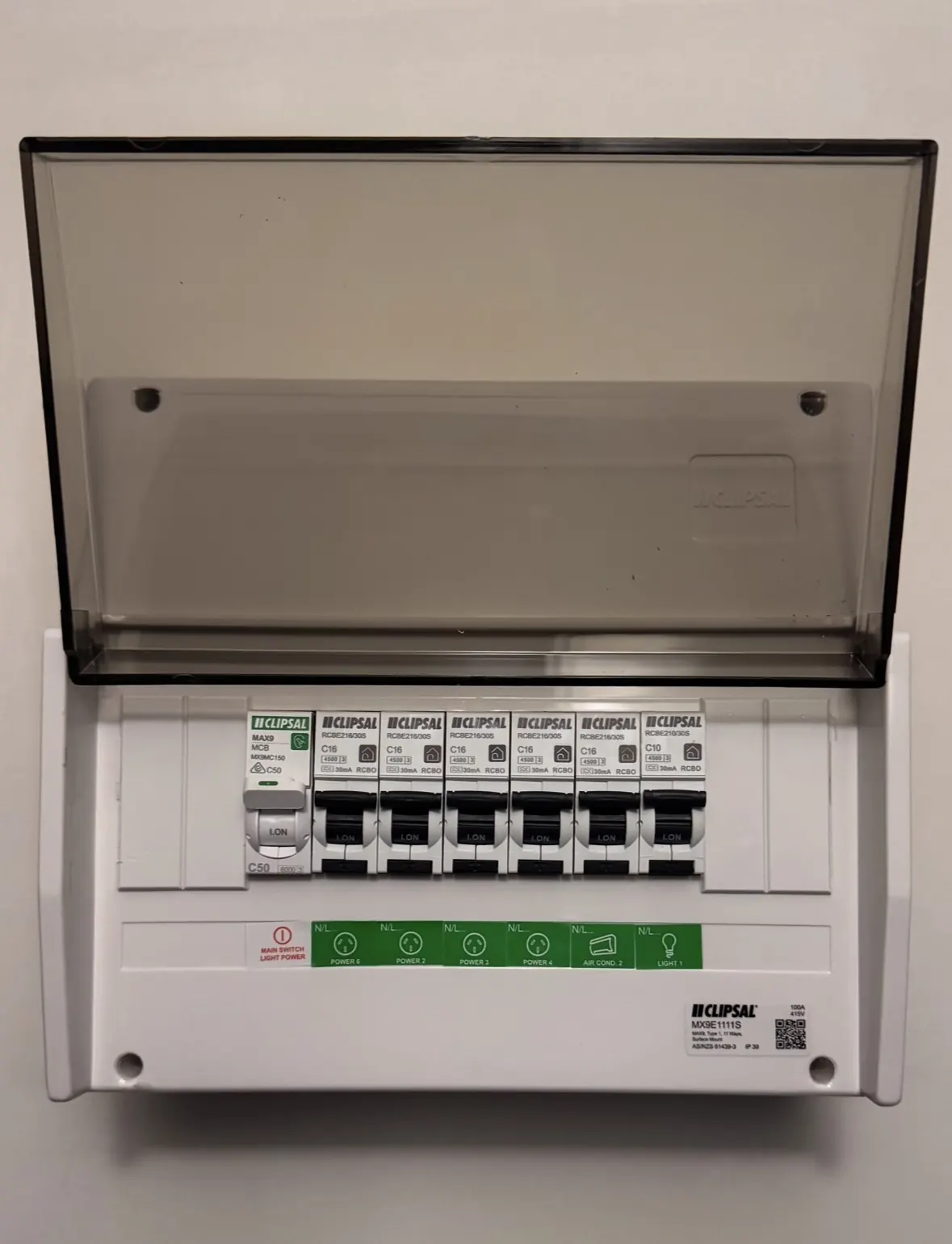 New Clipsal switchboard with safety switches, cover closed